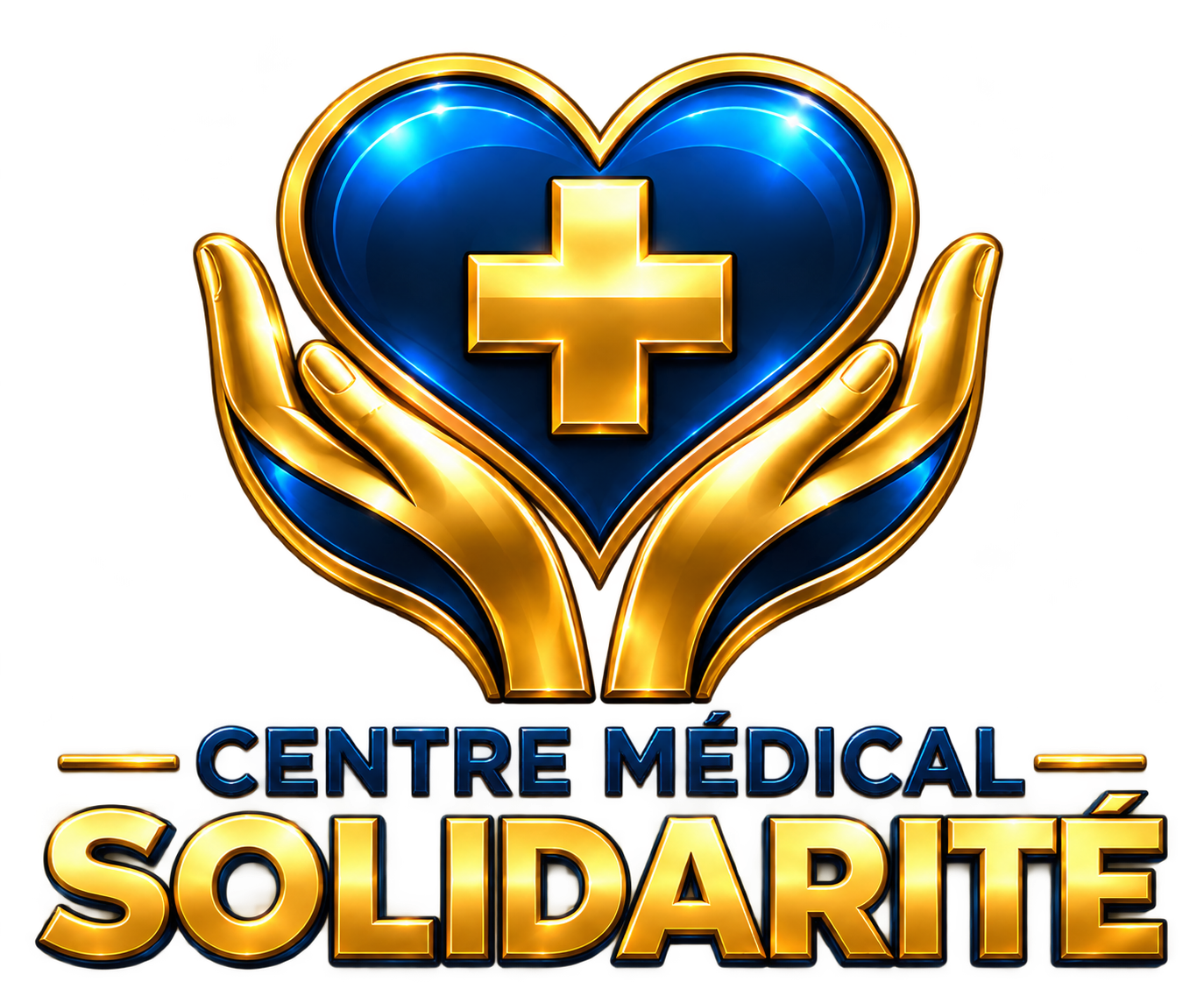 Centre Médical Solidarité — cœur bleu et croix dorée portés par deux mains